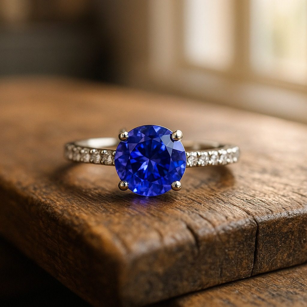 Violet-blue tanzanite engagement ring on a jeweller’s workbench.