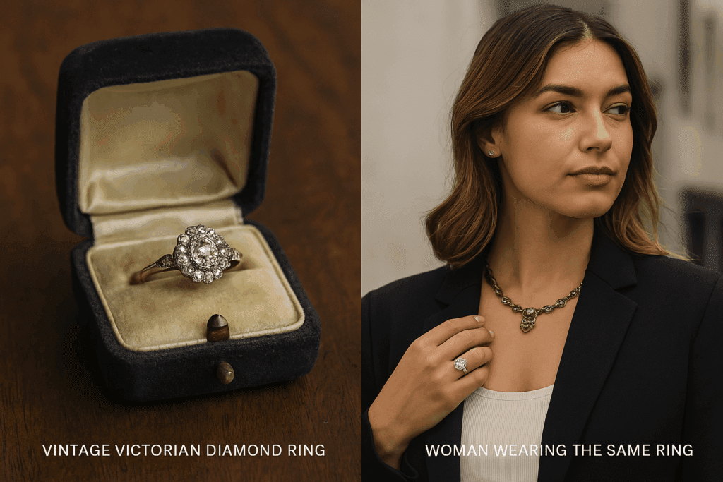 Split-scene composition showing a vintage Victorian diamond ring in a navy velvet case on the left, and on the right a woman wearing the same ring styled with a modern black blazer and gold necklace.