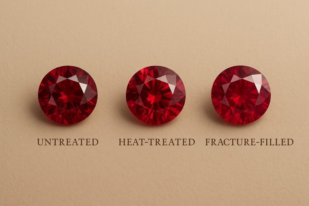 Comparison of untreated, heat-treated, and fracture-filled rubies.