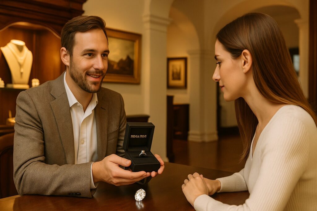 Prins & Prins consultant presenting a diamond engagement ring in Huguenot House.