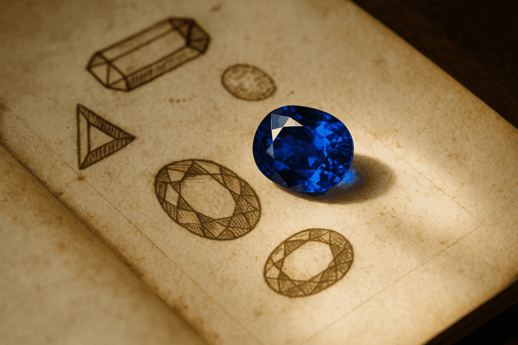 vivid blue sapphire resting on an ancient manuscript with gemstone sketches, illuminated by soft natural light.