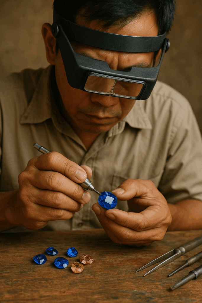 A Thai gem cutter shaping a sapphire, reflecting Southeast Asia’s legacy in gem trade and lapidary arts.