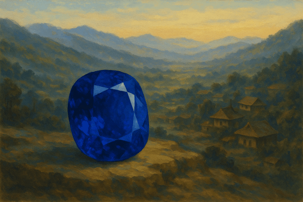 A vivid sapphire photographed against the Mogok valley, a historic source of fine Burmese sapphires.