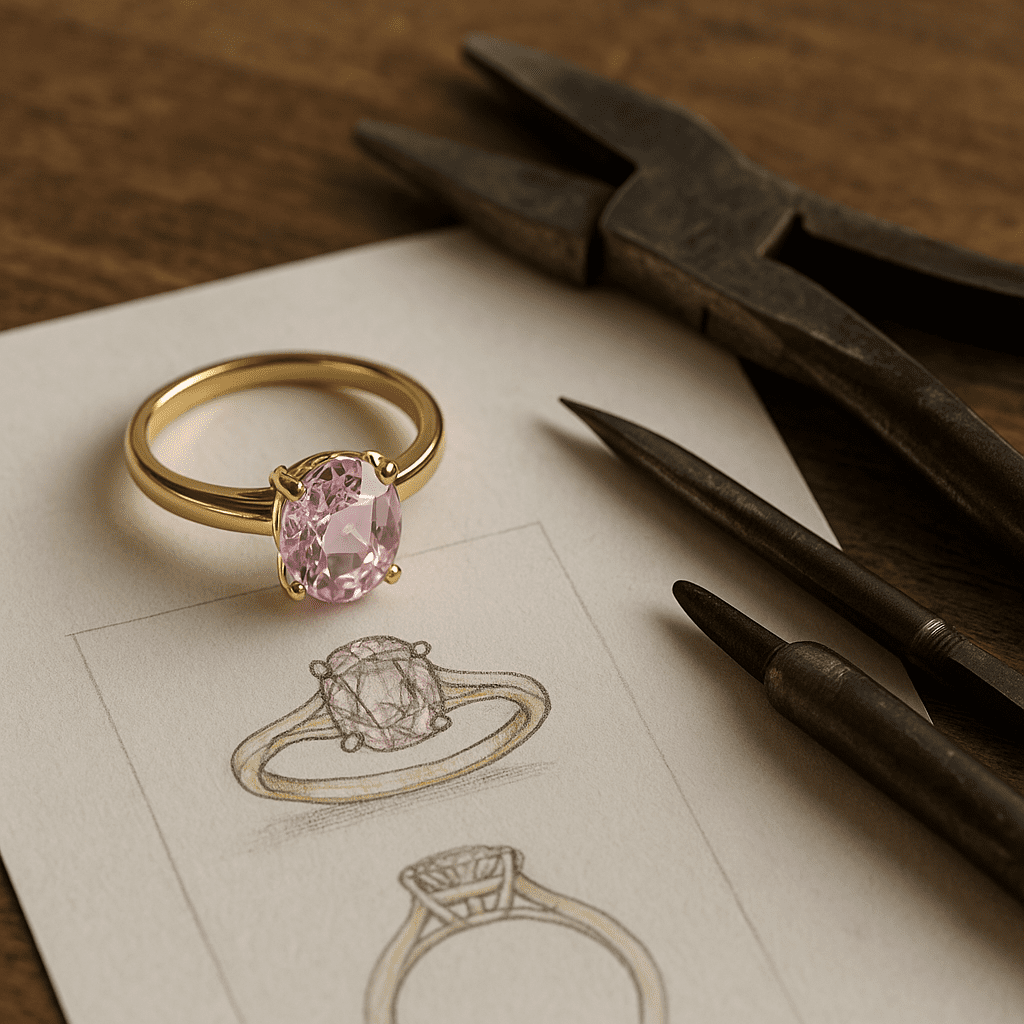 A handcrafted gold ring set with a pastel pink sapphire rests on a detailed design sketch, surrounded by jeweller’s tools on a wooden bench, highlighting artisanal craftsmanship.