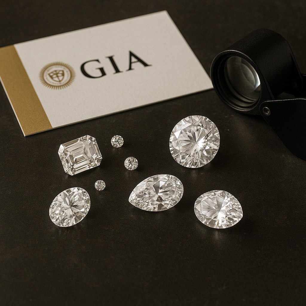Natural diamonds displayed with GIA certification and jeweller’s loupe.