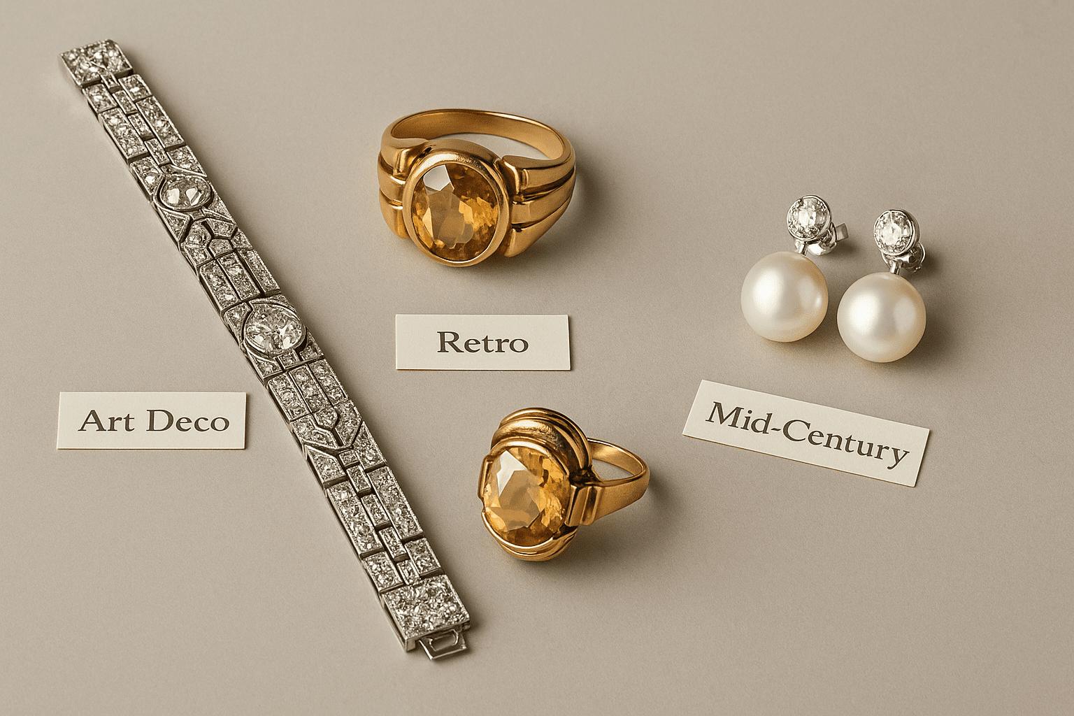 A display of three pieces of vintage jewellery from different eras: an Art Deco diamond bracelet, a Retro cocktail ring with a yellow gem, and Mid-Century pearl earrings, each labelled with its era on cream tags.