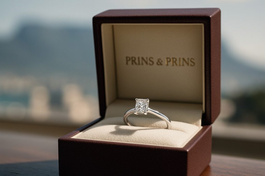 Square solitaire diamond engagement ring in a Prins & Prins signature box with Table Mountain subtly in the background.