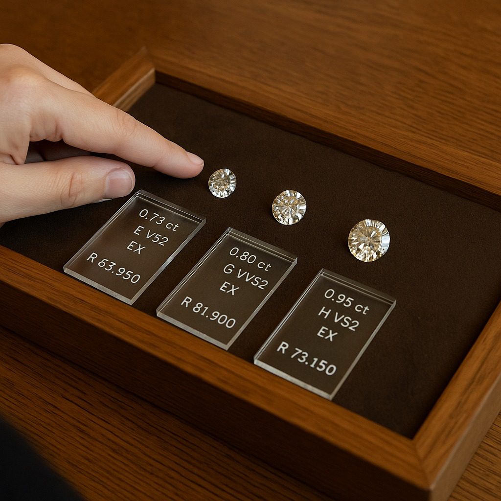 Client reviewing diamond options with transparent pricing information.