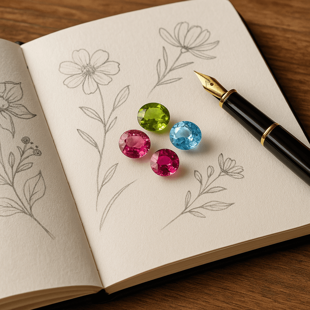 An open notebook with hand-drawn floral sketches holds four colourful gemstones – peridot, aquamarine, and two tourmalines – arranged like petals beside a black fountain pen.