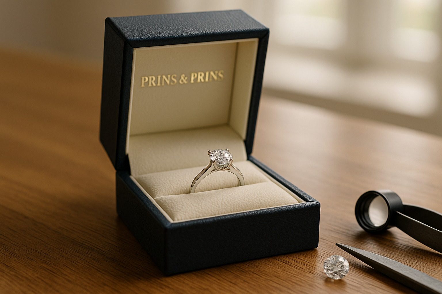 Diamond engagement ring in a Prins & Prins signature box.
