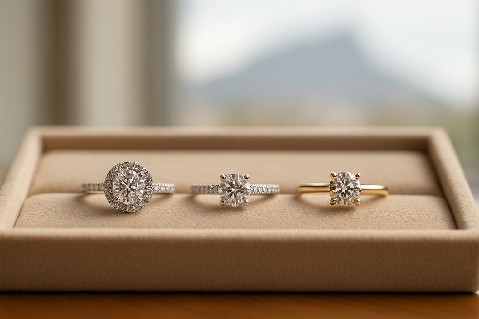 Halo, pavé, and solitaire engagement rings displayed on a velvet tray with Cape Town daylight in the background.