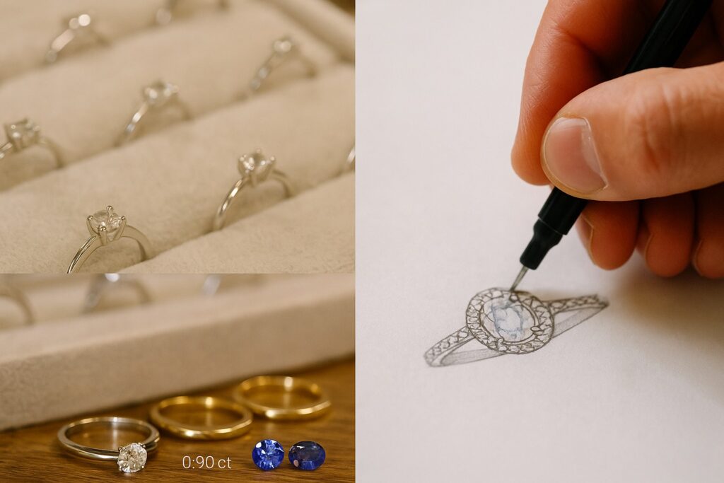 Comparison of diamonds just under 1.00ct with sapphires and tanzanite as gemstone alternatives.