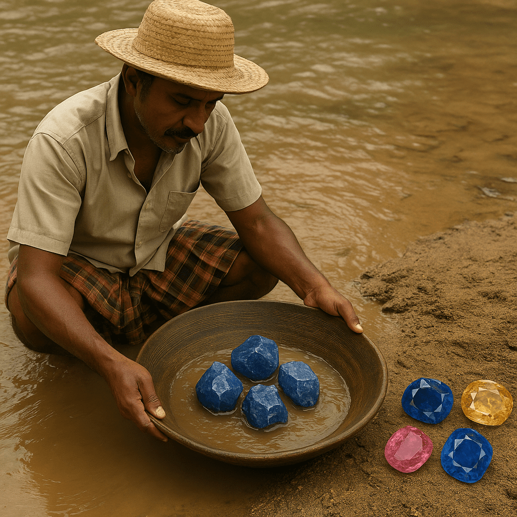 A Sri Lankan gem miner panning in a riverbed, holding a wooden pan with rough, uncut sapphires.