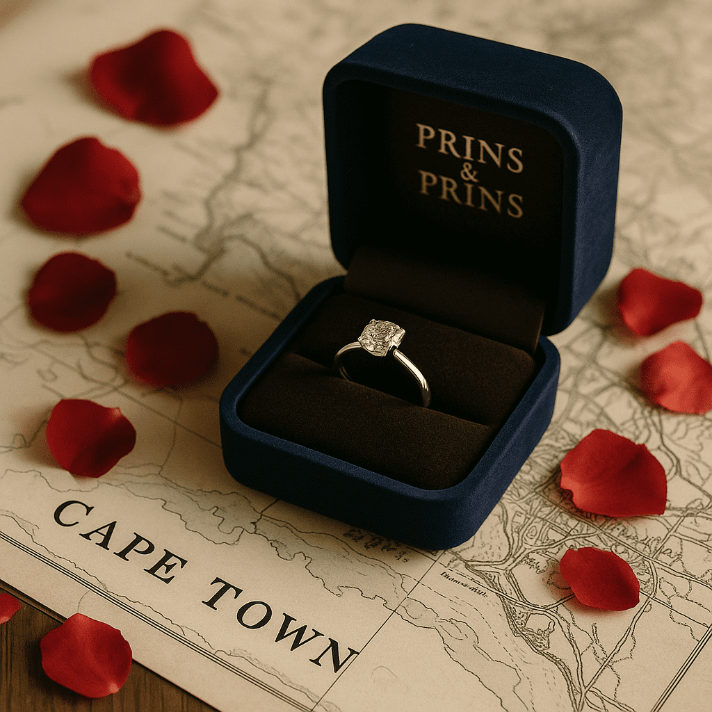 An open Prins & Prins engagement ring box rests on an antique map of Cape Town, holding a solitaire diamond ring, with scattered red rose petals around it.