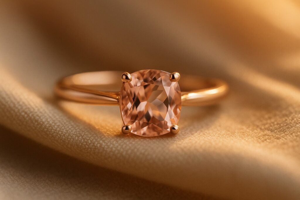 Blush-pink morganite engagement ring in a rose gold setting.