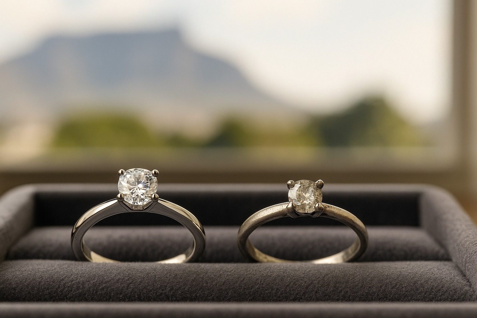 Comparison of a finely crafted engagement ring and a poorly made ring on a velvet surface, with Cape Town daylight in the background.