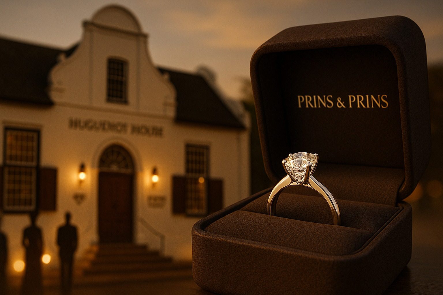 Thumbnail combining Huguenot House, a diamond engagement ring, and subtle celebrity cues for Prins & Prins Diamonds.