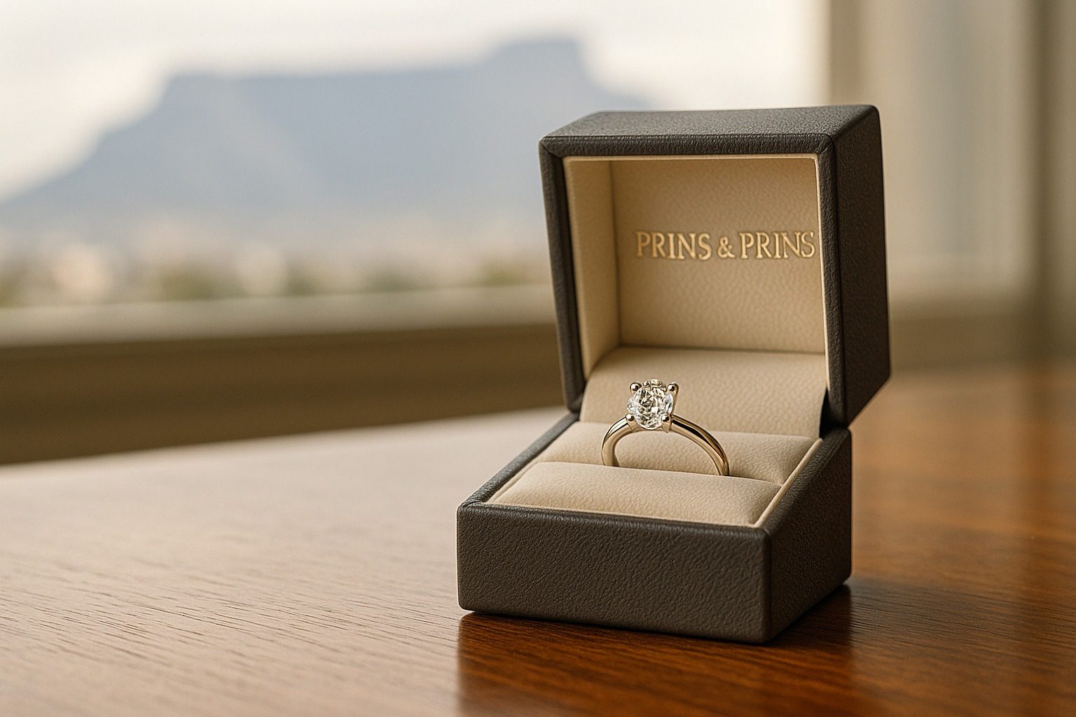 Bespoke diamond ring in a Prins & Prins signature box with Cape Town silhouette in the background.