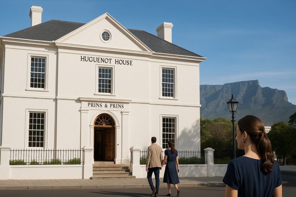 Huguenot House in Cape Town, home of Prins & Prins, with Table Mountain in the distance.