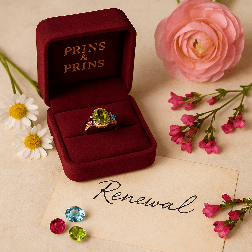 A burgundy Prins & Prins jewellery box holds a colourful gemstone ring with peridot, pink tourmaline, and blue topaz, placed beside a handwritten note reading “Renewal,” surrounded by daisies, a pink ranunculus, and magenta blossoms.
