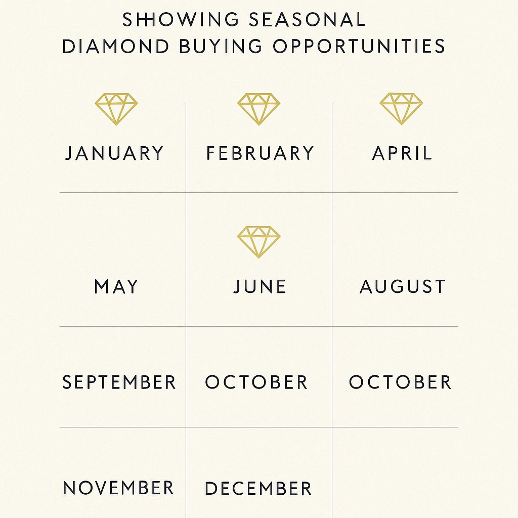 Calendar infographic showing seasonal diamond buying opportunities.