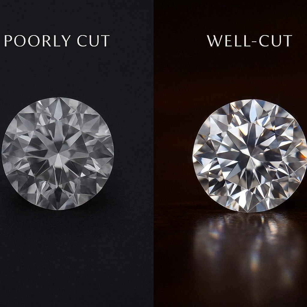 Comparison between poorly cut and well-cut diamonds showing brilliance difference.