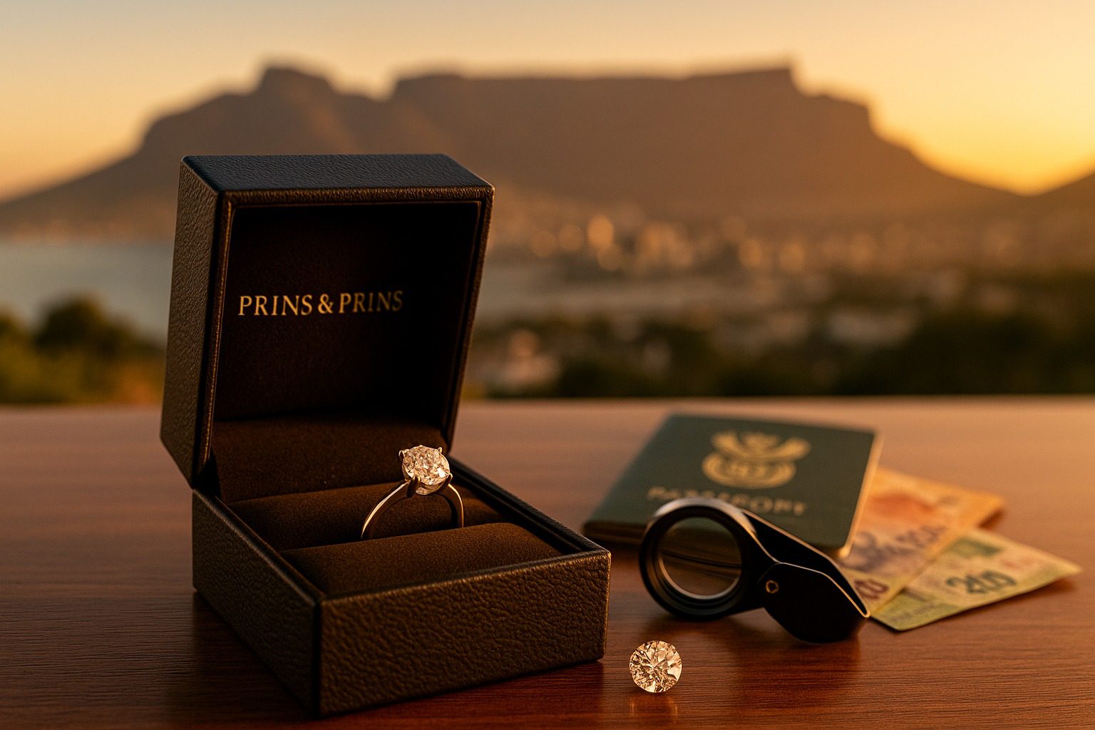 Diamond ring in a Prins & Prins signature box with Table Mountain and travel elements in the background.