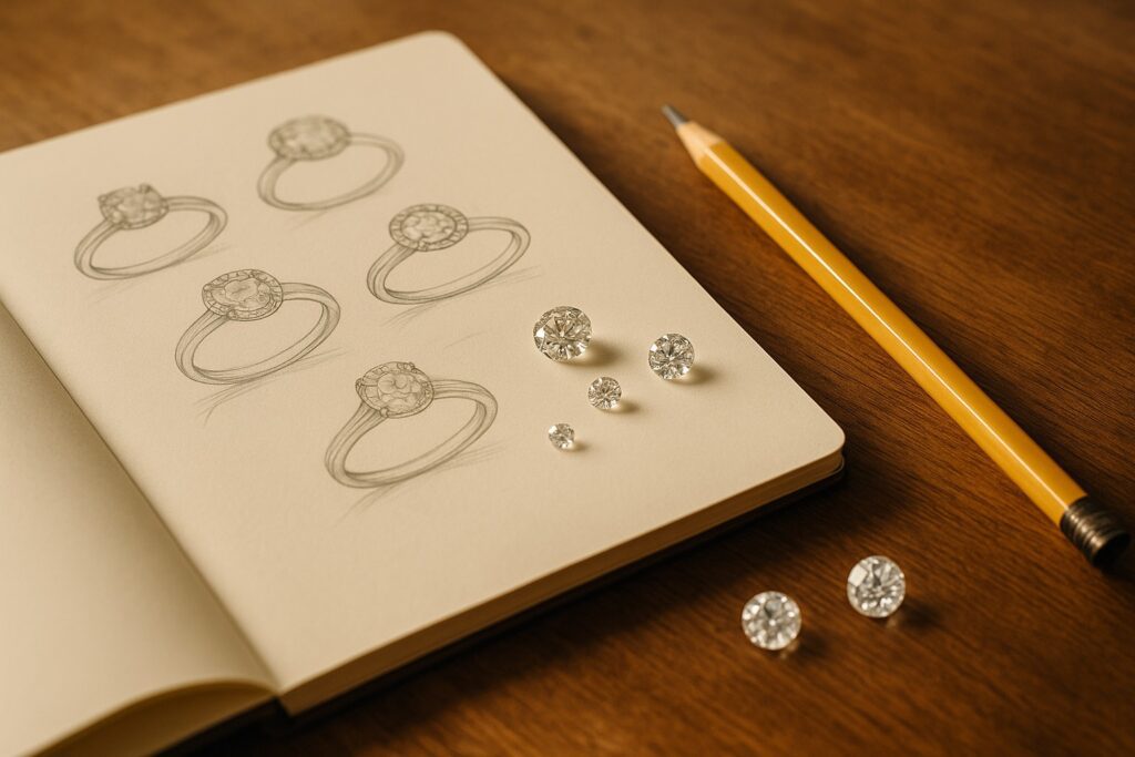 Jeweller’s sketchbook with ring designs, loose diamonds, and pencil on a wooden desk.