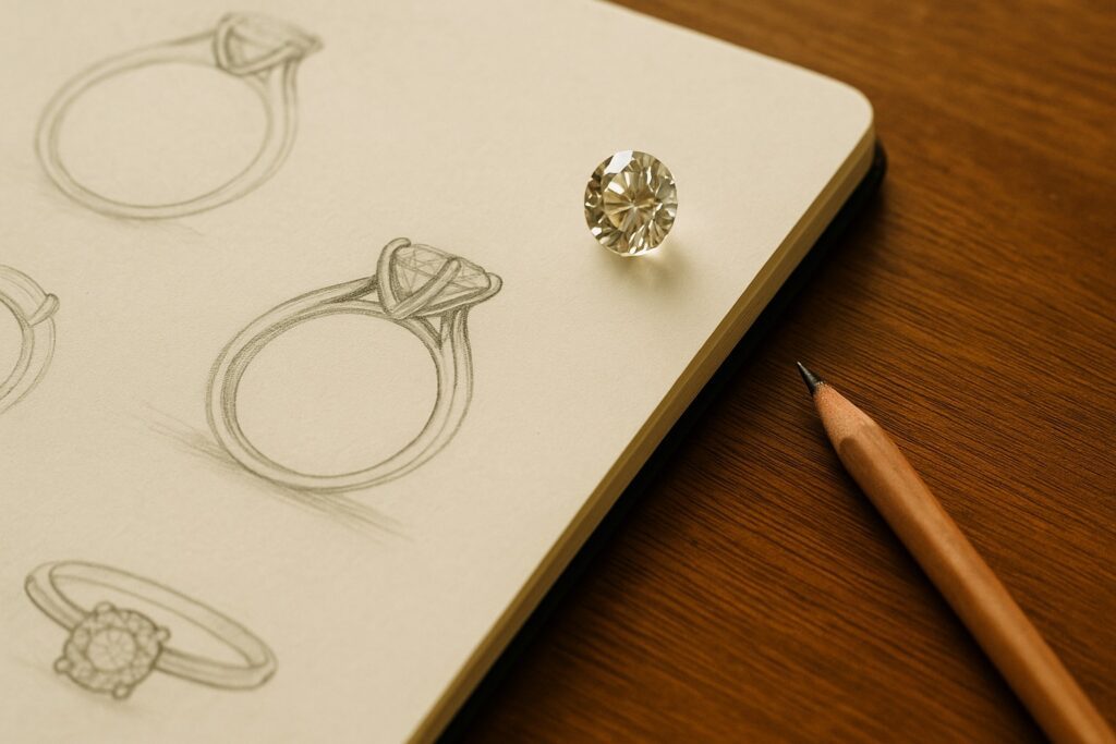Jeweller’s sketchbook with a ring design and a loose diamond, symbolising bespoke jewellery craftsmanship.