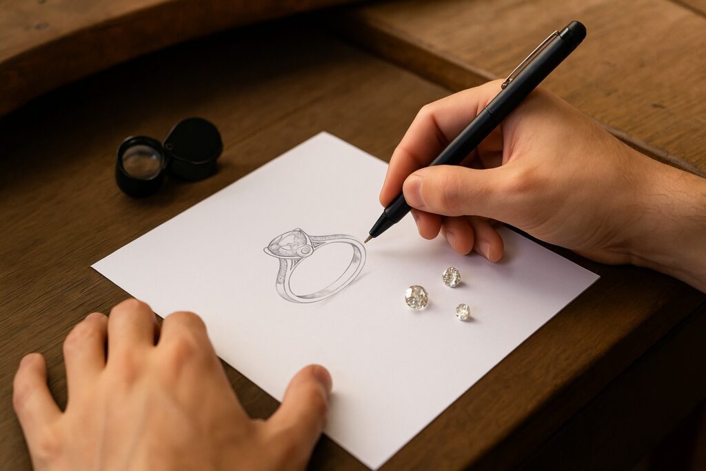 Jeweller sketching a custom diamond ring design with loose diamonds on the table.