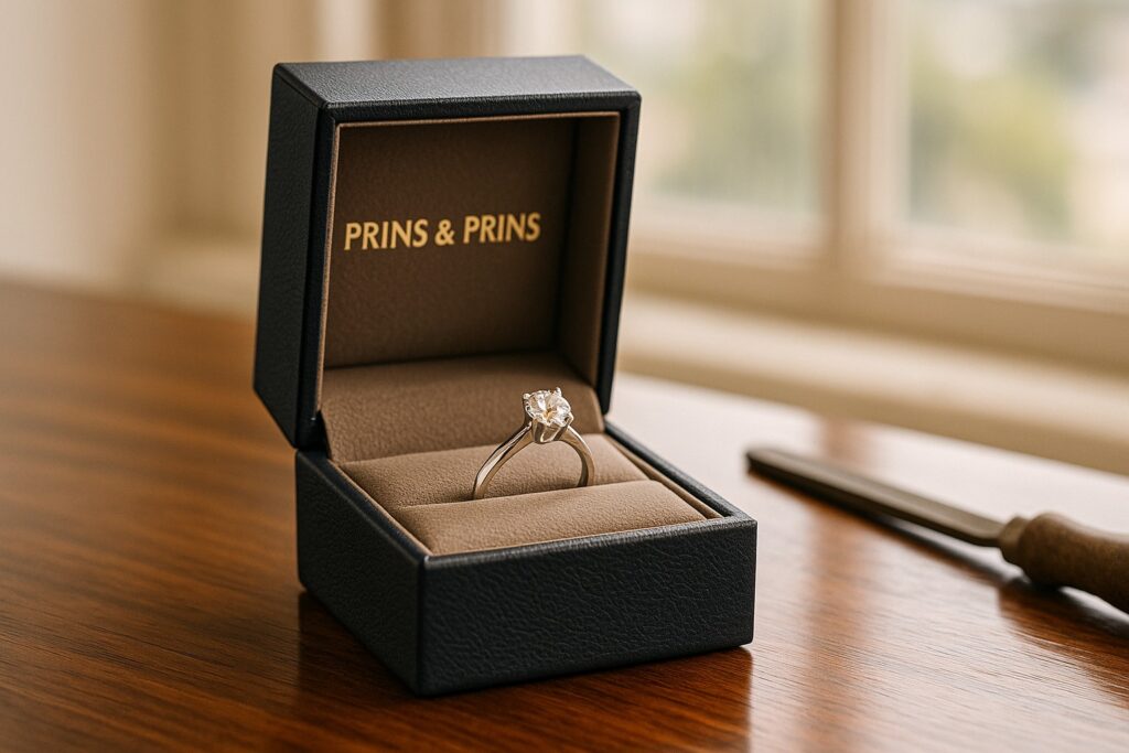 Prins & Prins signature box with a bespoke diamond ring inside.