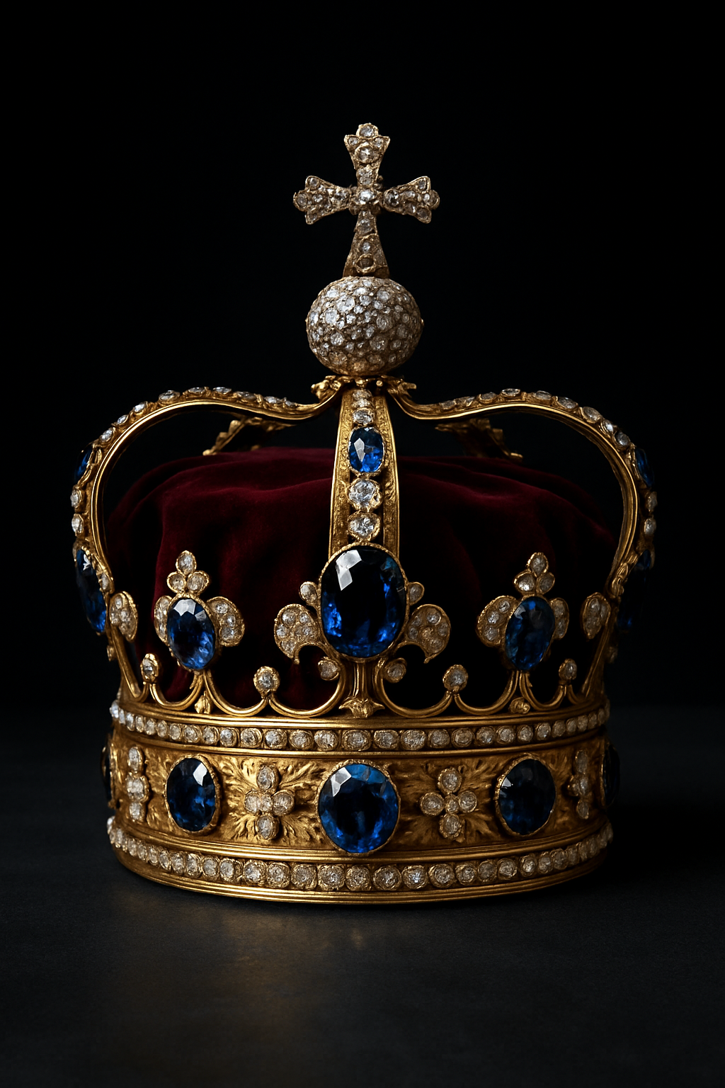 A royal crown adorned with sapphires and diamonds, symbolising nobility and divine favour.