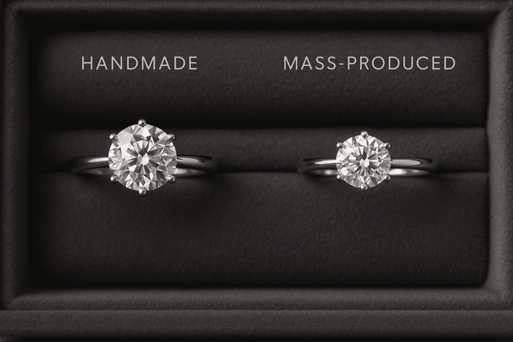 Two diamond engagement rings displayed side by side in a velvet box, the left labelled “Handmade” with a larger, more brilliant diamond, and the right labelled “Mass-Produced” with a smaller, less detailed setting.