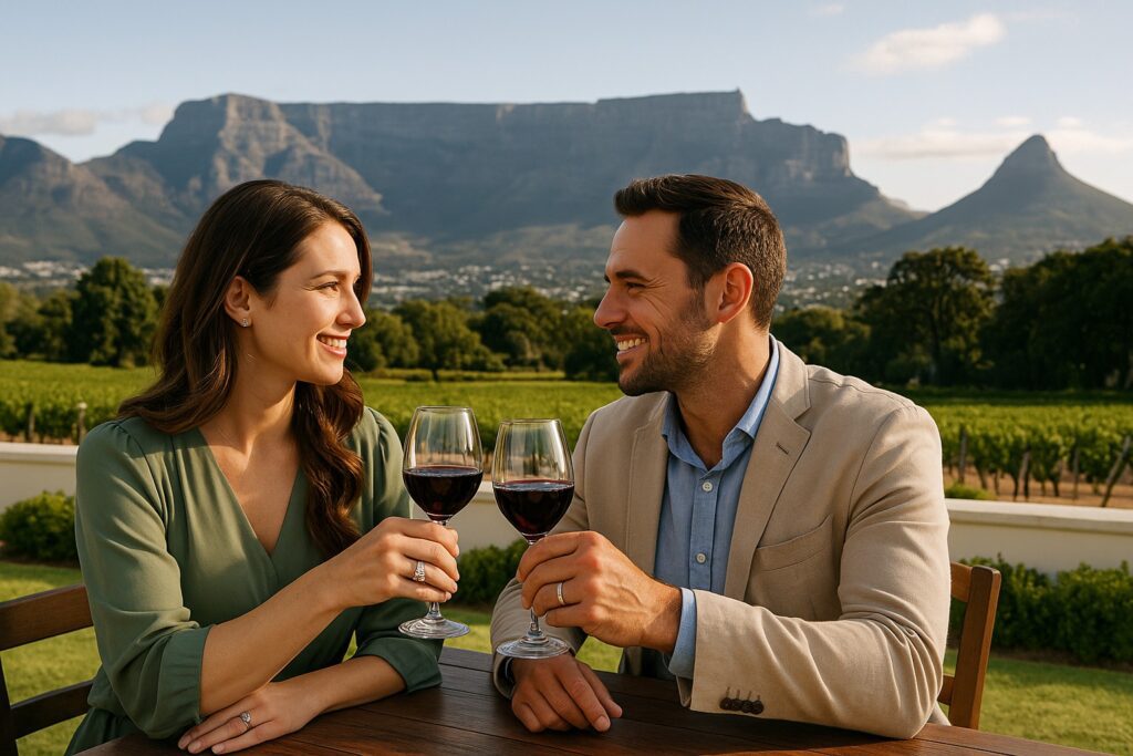 Cape Town couple enjoying wine with handmade jewellery, Table Mountain in the background.