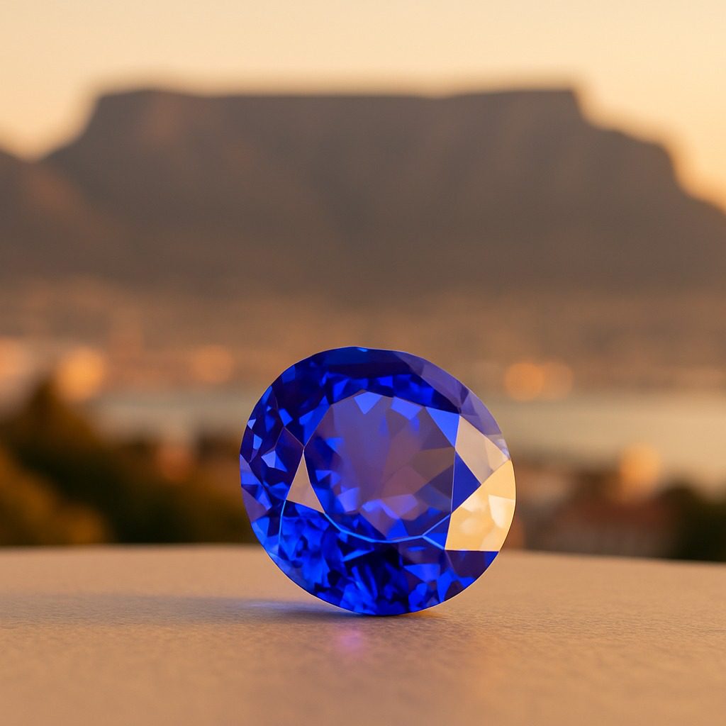 Thumbnail image of a Tanzanite gemstone with Cape Town’s Table Mountain in the background, symbolising travel and rarity.