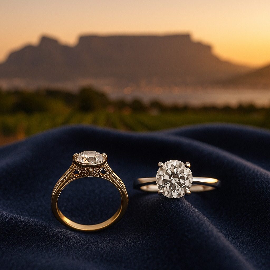 Antique and modern diamond rings side by side, symbolising heritage and trust in Cape Town.