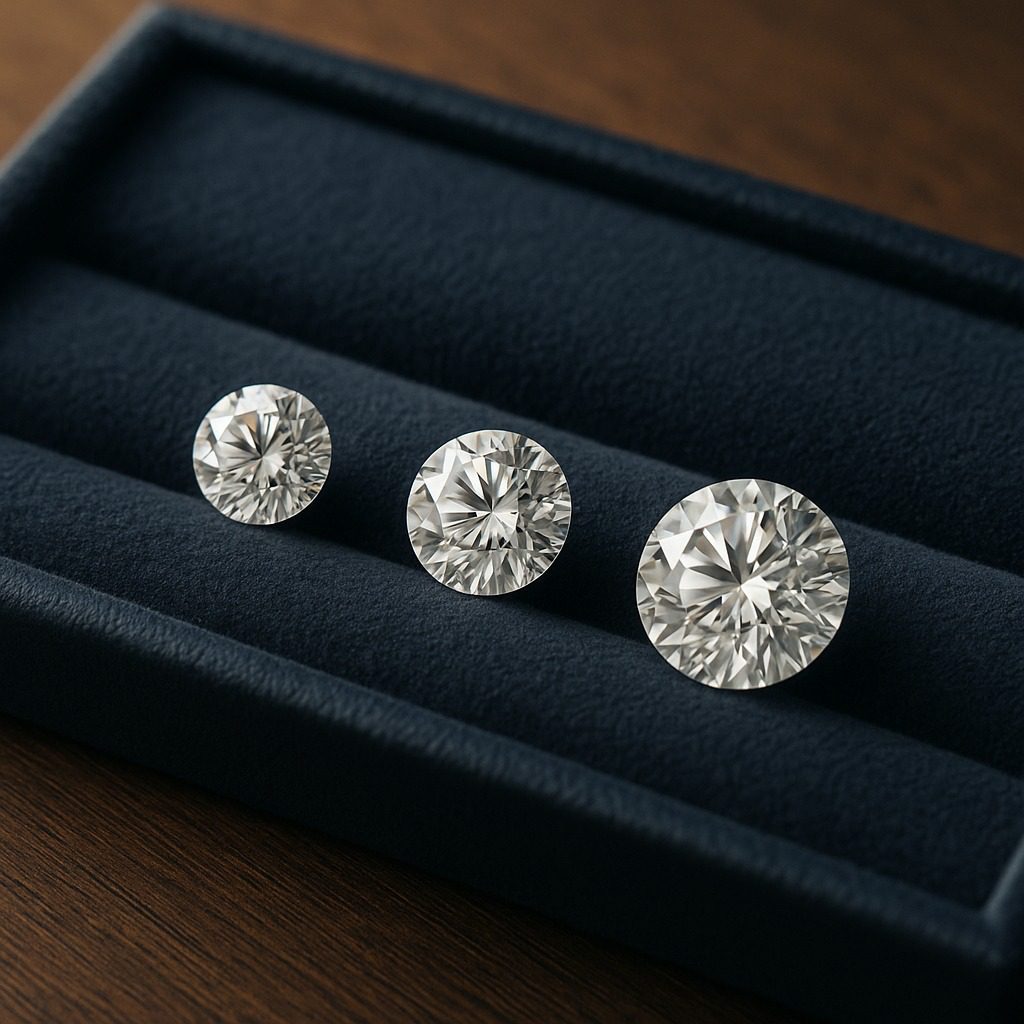 Three diamonds of different carat weights displayed on a velvet tray.