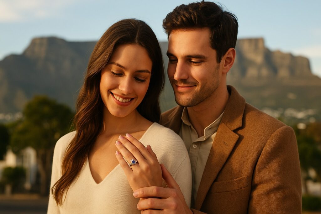 Couple in Cape Town with the woman wearing a coloured gemstone engagement ring, Table Mountain in the background.