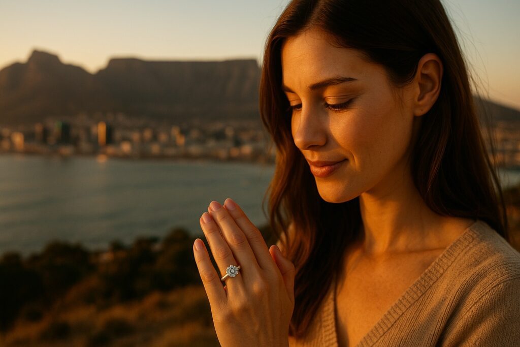 Cape Town skyline with Table Mountain, woman admiring a bespoke diamond ring.