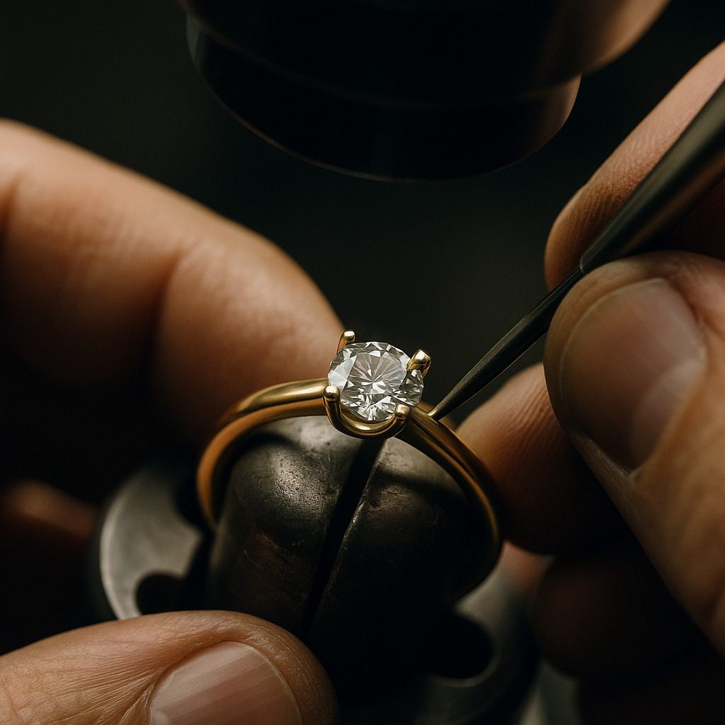 Goldsmith setting a natural diamond into a handmade ring.