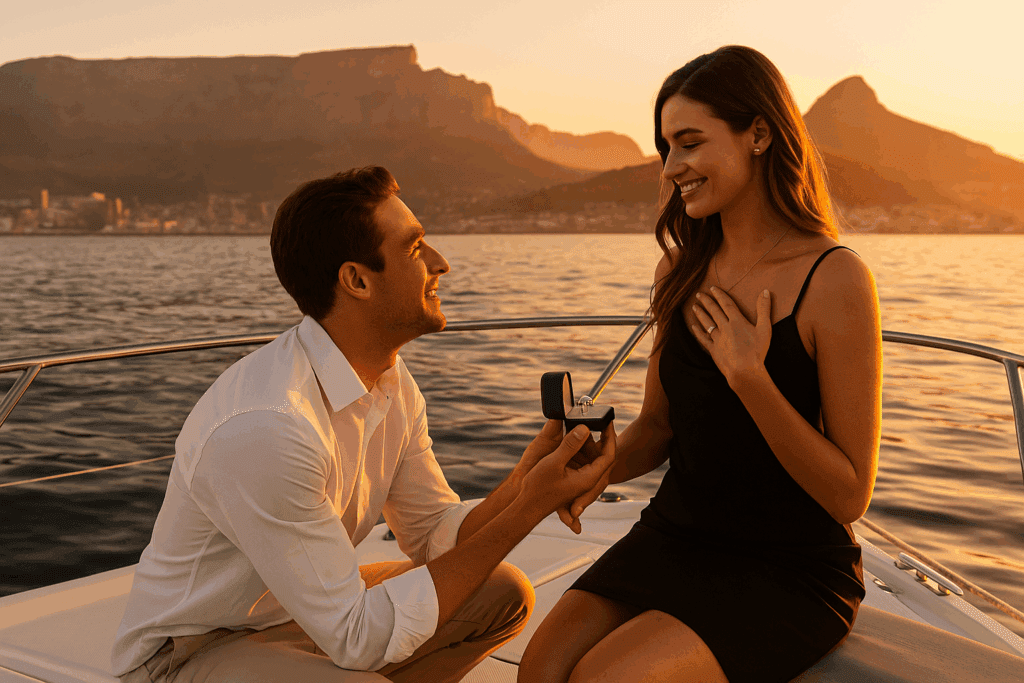 A man proposes on a private yacht off Cape Town’s coast at sunset, holding out a diamond engagement ring as Table Mountain glows in the background and his partner smiles with joy.