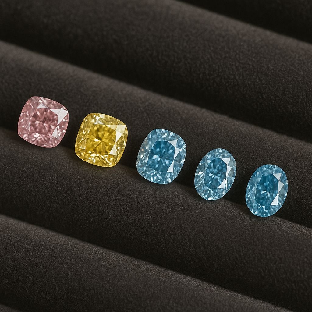 Natural fancy-coloured diamonds in pink, yellow, and blue.