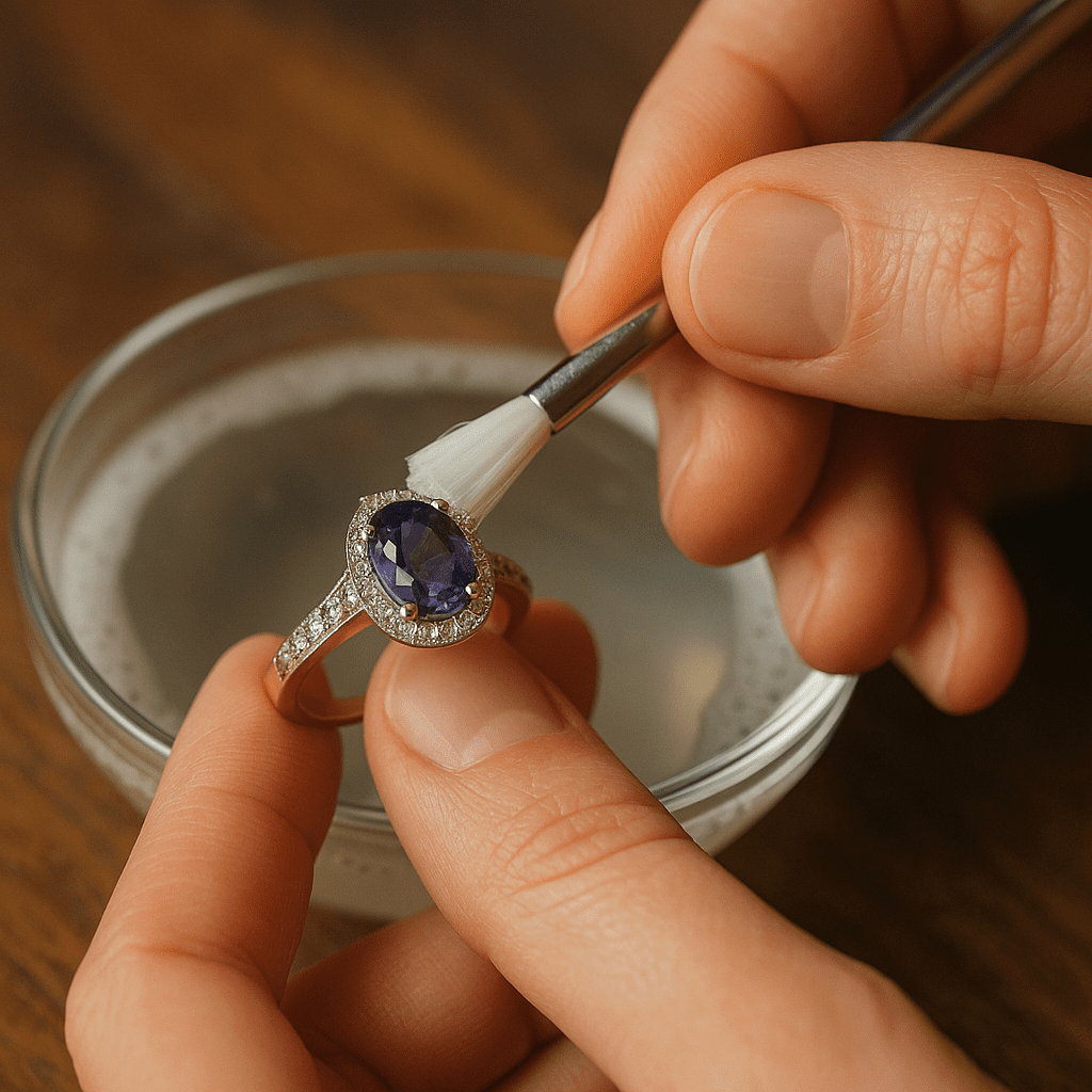 A jeweller carefully cleaning a gemstone ring.