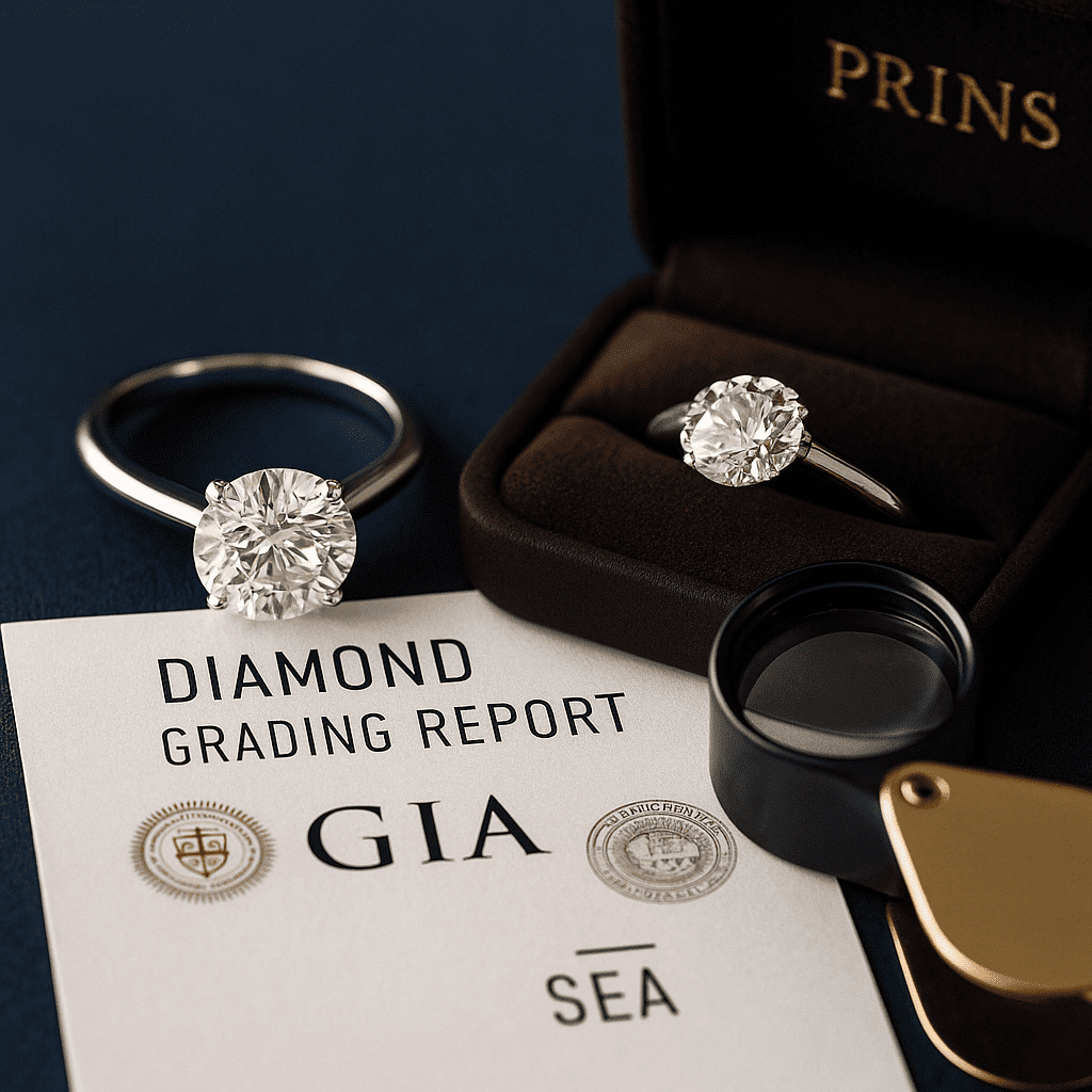 A diamond engagement ring rests in a Prins & Prins burgundy jewellery box beside another ring and a jeweller’s loupe, displayed on a GIA diamond grading report.