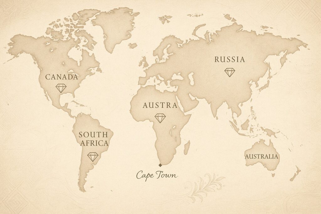 World map showing diamond mining origins, with Cape Town highlighted.