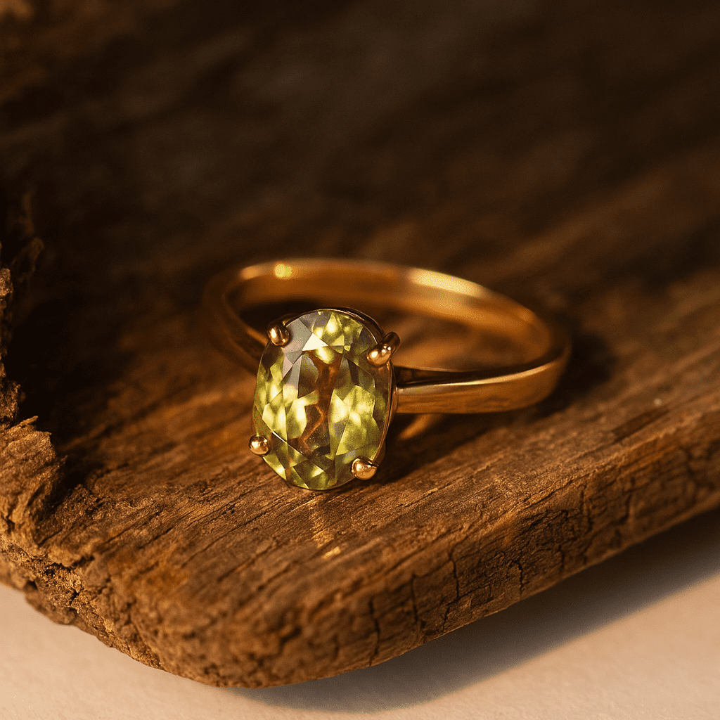 An oval-cut chrysoberyl ring in a yellow gold band rests on textured wood, with sunlight casting golden-green reflections across the gem’s facets.