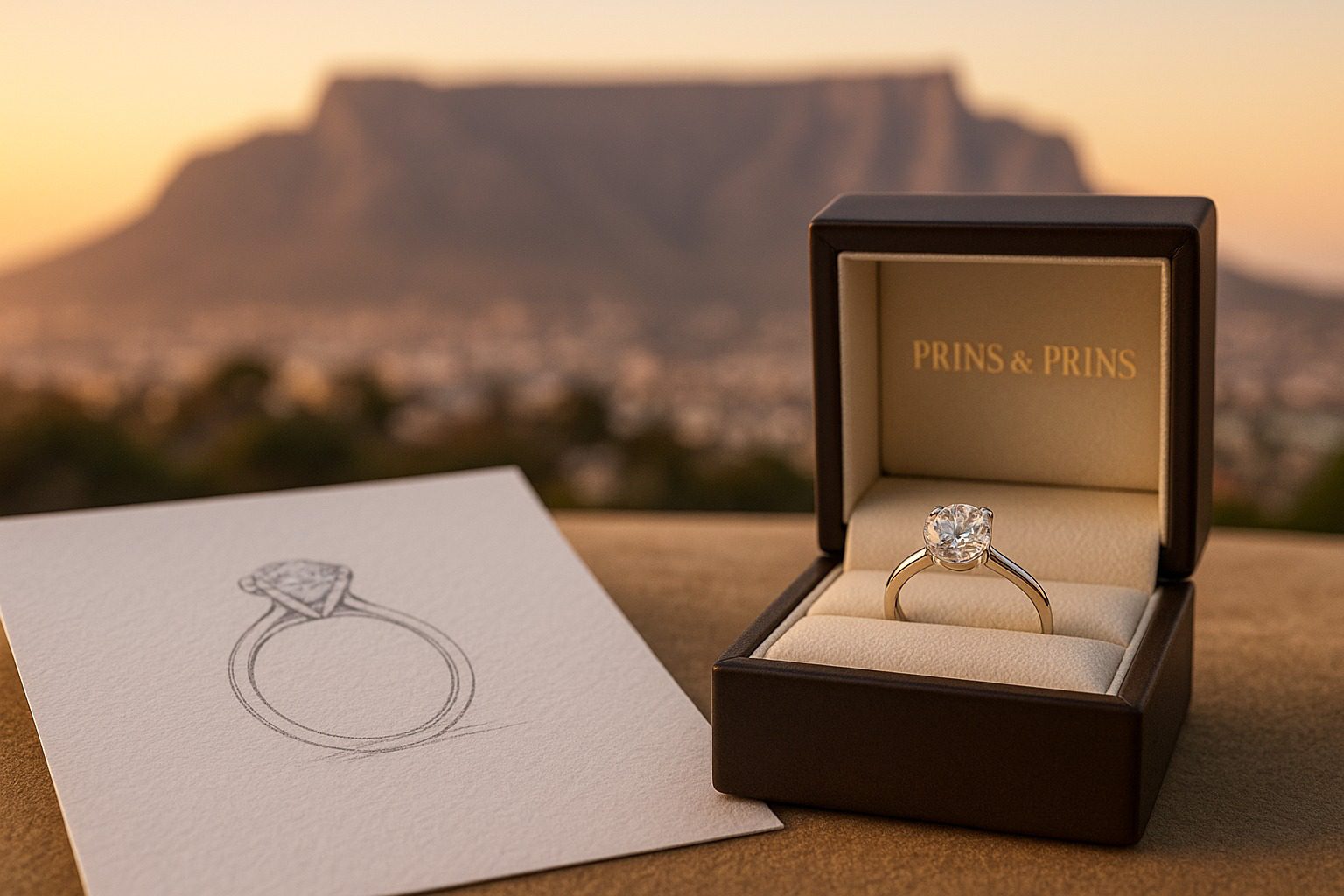 Sketch of an engagement ring beside a finished diamond ring with Table Mountain in the background.