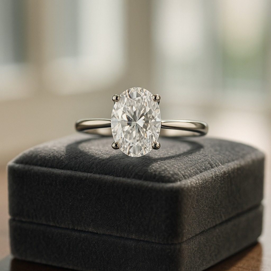 Oval-cut diamond solitaire ring photographed in natural Cape Town light.