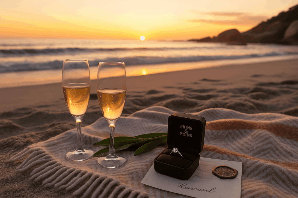 A romantic picnic setup on Clifton Beach at sunset features two champagne glasses and an open Prins & Prins diamond engagement ring box on a blanket, with waves and golden sky in the background.