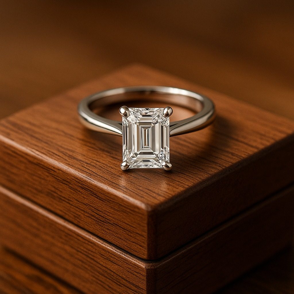 Emerald-cut diamond ring showing step-cut facets.